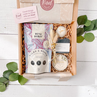 Unwind, a curated self care gift box to help you release and de-stress after a long day. Gift box includes relax & renew calming organic tea, natural bath bomb, natural french soap, non-toxic soy wax candle. Hand wrapped in eco-friendly packaging.