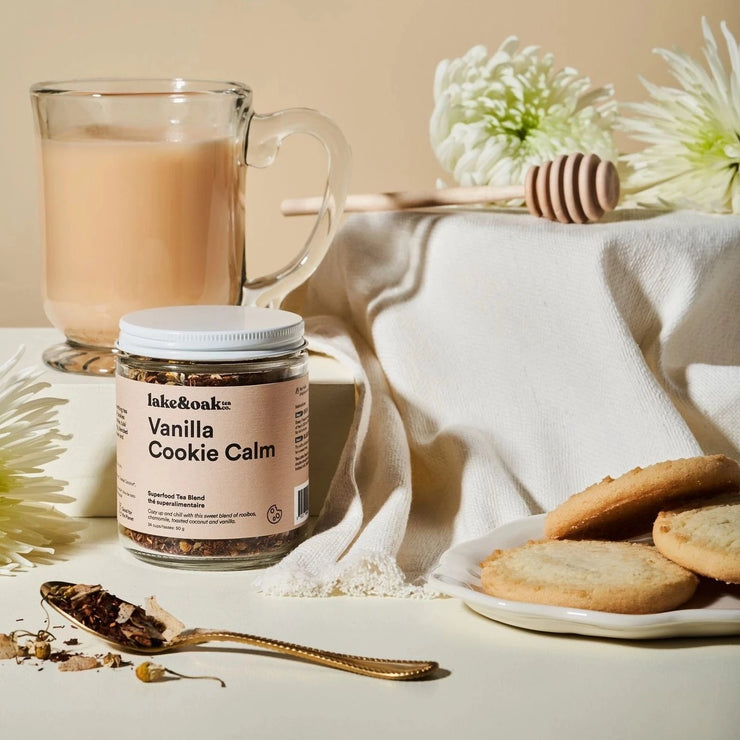 Vanilla Cookie Calm Superfood Tea, the perfect cozy, holiday or winter tea! Blended by Lake & Oak Tea Co. in Hamilton, Ontario; these superfood loose leaf teas are nutritionist formulated and made with all organic, good for you ingredients. Drink these teas to heal, soothe, energize or de-stress.