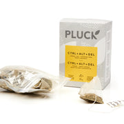 Ctrl+Alt+DEL herbal tea box from Pluck Tea, in Toronto. Hit the reset button - with this refreshing and soothing lemon and ginger infusion featuring Nova Scotia cranberries. Delicious hot or iced, this fine cut herbal tea packs a lot of flavour and is one of our top - selling blends. A powerful digestive tea, and caffeine - free.