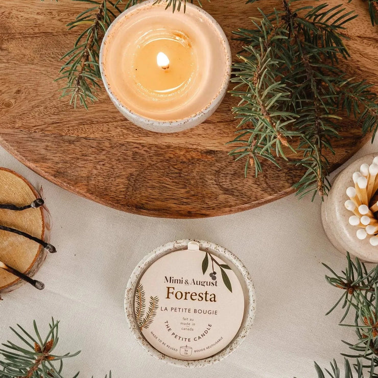 Mimi & August candles are hand-poured in small batches in Montreal, Quebec. Phthalate and Paraben free, they are also 100% vegan. We LOVE this speckled grey reusable candle in a cup!  Foresta, you'll feel like you're among a forest of fir trees. This woodsy scent is fresh & relaxing.