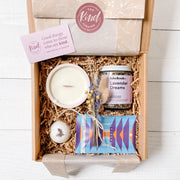 Lavender Lover Self Care Gift Box is inspired by one of our favourite fragrant flowers, lavender. With its beautiful deep purple colour, lavender is known as a soothing flower, it's calming & stress relieving. This is a curated gift box to really chill out. A great gift idea for the lavender lover & someone in need of some self-care time. Gift includes lavender sea salt coconut soy wax candle, organic superfood lavender tea, lavender bath bomb, bar of lavender dark milk chocolate