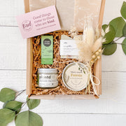 Refresh Self Care Gift Box is a mini self-care kit for a little pick me up. You might not have a ton of time, so here's a few items for a moment of self-care or even on the go self-care...if that's a thing? All natural hand crafted products to refresh the body & mind.  Includes all locally made, Canadian products. Comes with beeswax natural lip balm, natural French soap bar, organic plant-based hand & body cream, non-toxic soy wax candle.