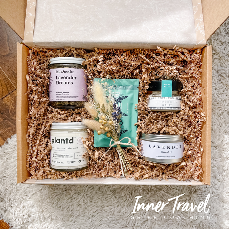 "Lean On Me" general grief gift box. Includes locally sourced, Canadian products for care. Calming lavender tea, hand & body cream, natural lavender coconut soy wax candle, raw honey, dark chocolate bar. This box is in partnership with Inner Travel Grief Coaching by Tammy Faulds.