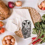 Owl organic cotton tea towel by Your Green Kitchen in Nakusp, British Columbia. Woman owned business.