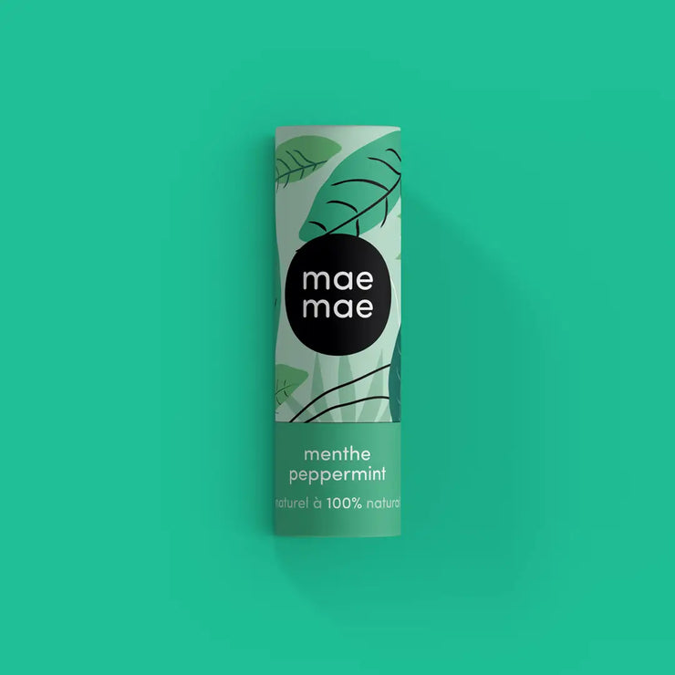 Peppermint, natural beeswax lip balm in a compostable tube from Maemae in Quebec. Woman owned business.