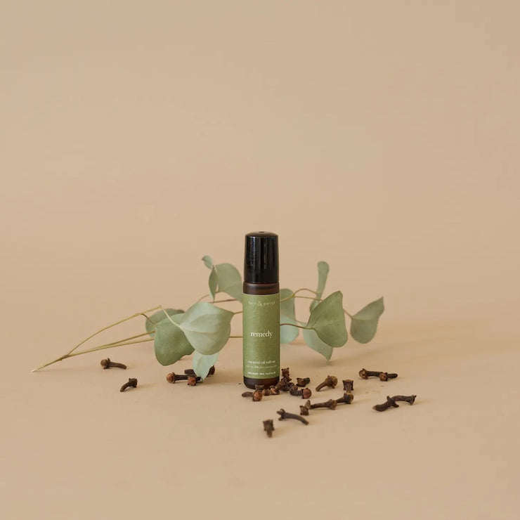 Remedy essential oil roll on from Fern & Petal in British Columbia.  Eucalyptus, oregano, and clove.