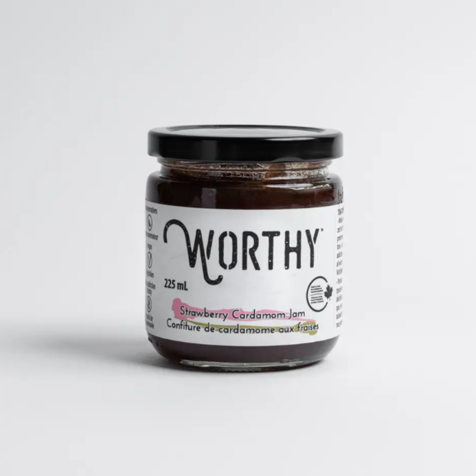 Strawberry Cardamom small batch jam from Worthy in Calgary, Alberta. Woman owned business.