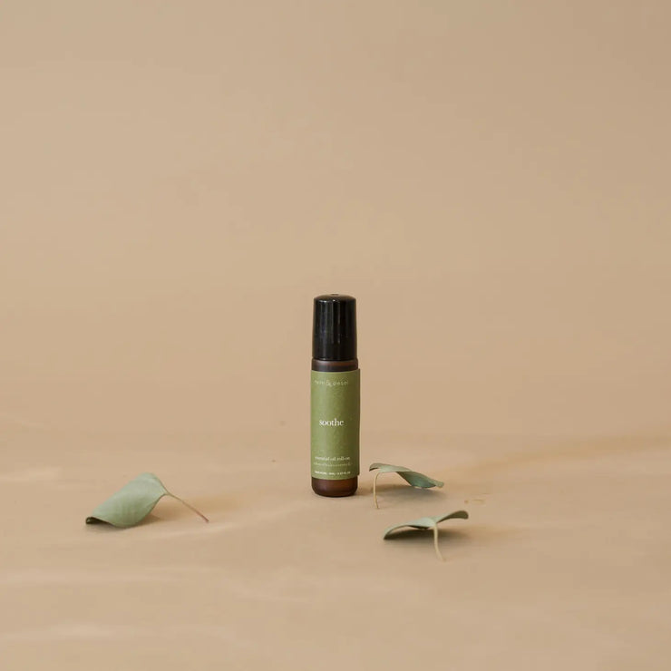 soothe essential oil roll-on from Fern & Petal in British Columbia. Find natural relief from stress & tension with this powerful blend of herbs & spices. Oils of peppermint, lavender and eucalyptus. Soothe has been blended to help you relax, while also relieving symptoms of headaches & migraines.