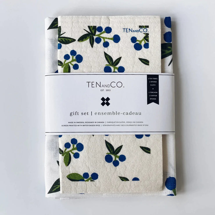 Wild blueberry tea towel & Swedish sponge cloth set from Ten and Co. in Toronto.