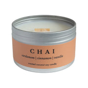 Chai, non-toxic coconut soy wax candle in a travel tin from Brightfield in Toronto, Ontario. This seasonal scented candle is the perfect blend of warm Chai spices and sweet vanilla. It's a cosy scent, just like being bundled under a soft blanket on a chilly fall night in front of a crackling fireplace. Cardamom, Cinnamon, Vanilla. Woman owned business.