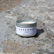 Lavender, Coconut soy wax candles with wood wick in travel tins from Brightfield, a woman owned business in Toronto, Ontario. Hand-poured with love in small batches from our studio in The Beach, Toronto.  A lavender field in bloom in Provence, under the Mediterranean sun, with purple rolling hills as far as you can see.