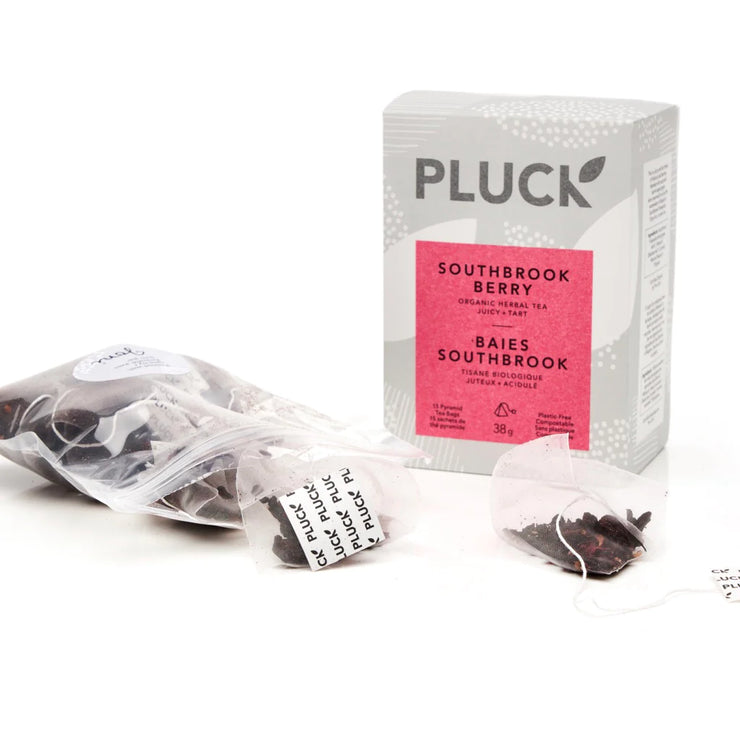 Southbrook Berry caffeine-free tea box from Pluck Tea in Toronto. A blend of dried grape skins from Niagara's Organic and Biodynamic Southbrook Vineyards, upcycled and layered with hibiscus and berries for a delicious fruit tea. High in antioxidants and big on flavour - this tea is exceptional served as an iced tea with a sprig of fresh mint.