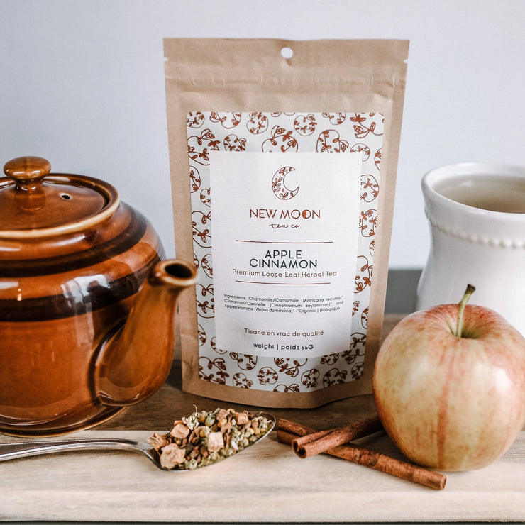 Apple Cinnamon Organic Tea (Caffeine-Free) from New Moon Tea Co., Nakusp, British Columbia. Apple and spice and everything nice! This is a cup of that with just a hint of chamomile to carry you through autumn on a pleasant little tea cloud.