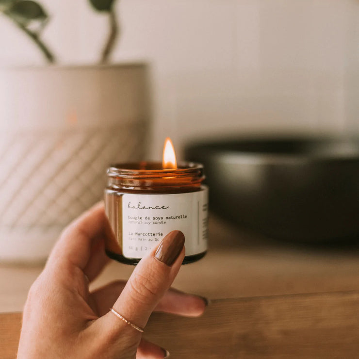 Balance soy wax candle. Natural hand poured soy wax candles from La Marcotterie in Gatineau, Quebec. French inspired minimalist skincare made with all natural ingredients.  Candles made of 100% pure soy wax. Scented with essential oils only, these are completely natural. 