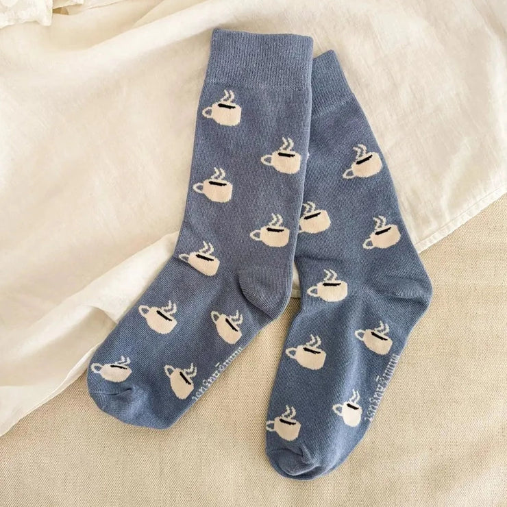Cafe Cafe Cotton Socks in a beautiful blue and cream. The most comfy, cute cotton socks to sip your morning coffee in. Cafe Cafe socks are from Mimi & August in Montreal, Quebec. Made for everyday wear and are soft to the touch.