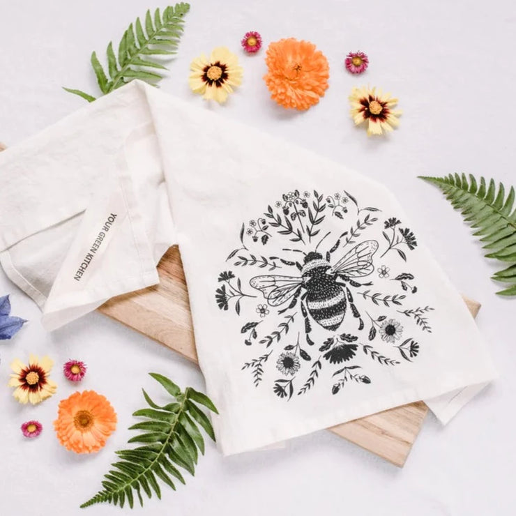 Handmade organic cotton charcoal bee tea towel from Your Green Kitchen in Nakusp, British Columbia. Your Green Kitchen is a woman founded & owned business that creates beautiful eco-friendly and toxin-free products for your home.  Made with 100% GOTS organic unbleached cotton, super absorbent and washes like a dream.