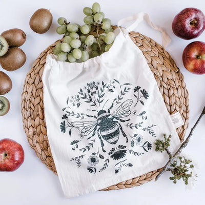 Grey Bee Reusable Produce Bag. Handmade organic cotton reusable large produce bags from Your Green Kitchen in Nakusp, British Columbia.  Your Green Kitchen is a woman founded & owned business that creates beautiful eco-friendly and toxin-free products for your home.  Made with 100% GOTS organic unbleached cotton, washes like a dream.