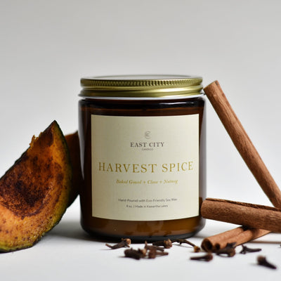 Harvest Spice soy wax candle from East City Candles, Kawartha Lakes. A blend of sugary baked gourds, spicy clove and warm nutmeg that brings us comfort all season long. It signals the start of Fall and festive family dinners, or chilly winter days, curled up at home.