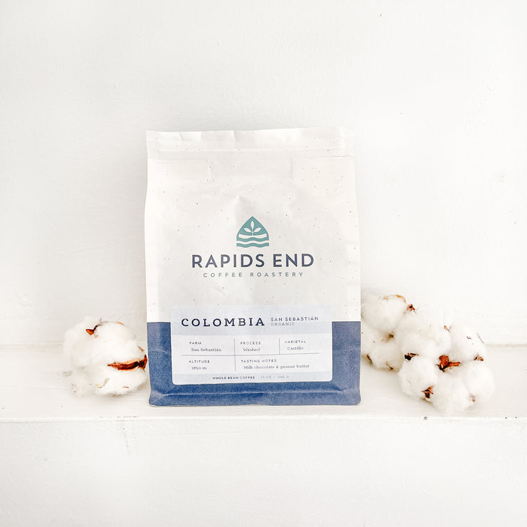 Colombia San Sebastian Organic coffee is roasted in Peterborough, Ontario by Rapids End Coffee Roastery. This is Rapids End's flagship coffee, perfect for your daily morning ritual.  You may notice notes of milk chocolate and peanut butter. Each earth friendly, compostable bag contains a 1/2lb of of organic coffee (whole beans).