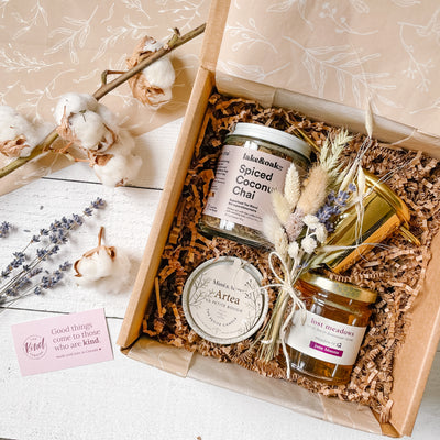 Afternoon Tea Self Care Gift Box has just what you need for a little afternoon break.  Sip on a calming cup of superfood tea or if you're feeling wild, make a warming tea latte! Light your candle, sit back and take in a few breaths, ahh...*chill mode* activated. Gift box includes a superfood organic tea, raw local honey, soy wax candle in a reusable ceramic pot and a gold tea strainer.
