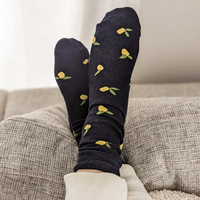 The most comfy, cute cotton socks to sip your morning coffee in. Lemons socks are from Mimi & August in Montreal, Quebec. Made for everyday wear and are soft to the touch.