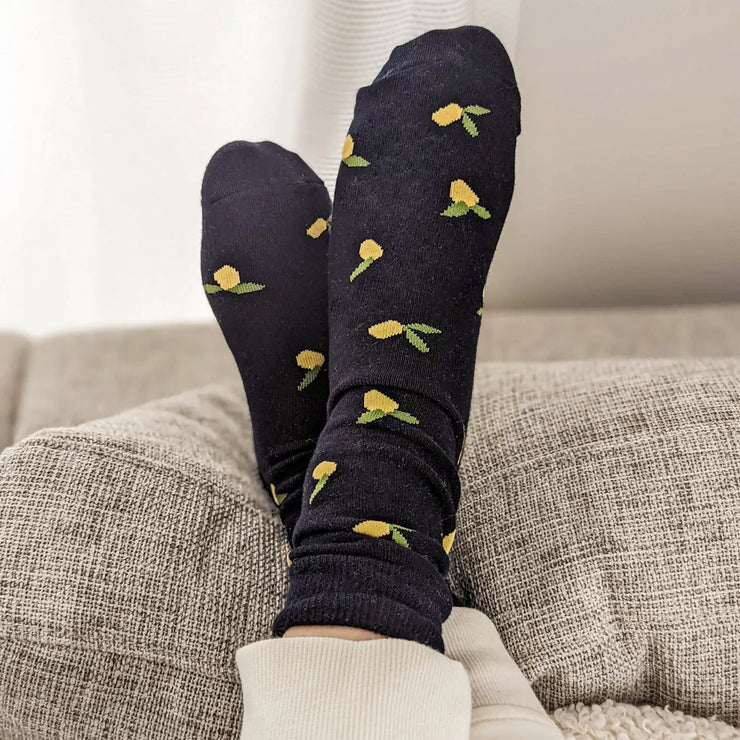 Fresh Lemon Cotton Socks and dreams of Italy. The most comfy, cute cotton socks to sip your morning coffee in. Lemons socks are from Mimi & August in Montreal, Quebec. Made for everyday wear and are soft to the touch. *one size