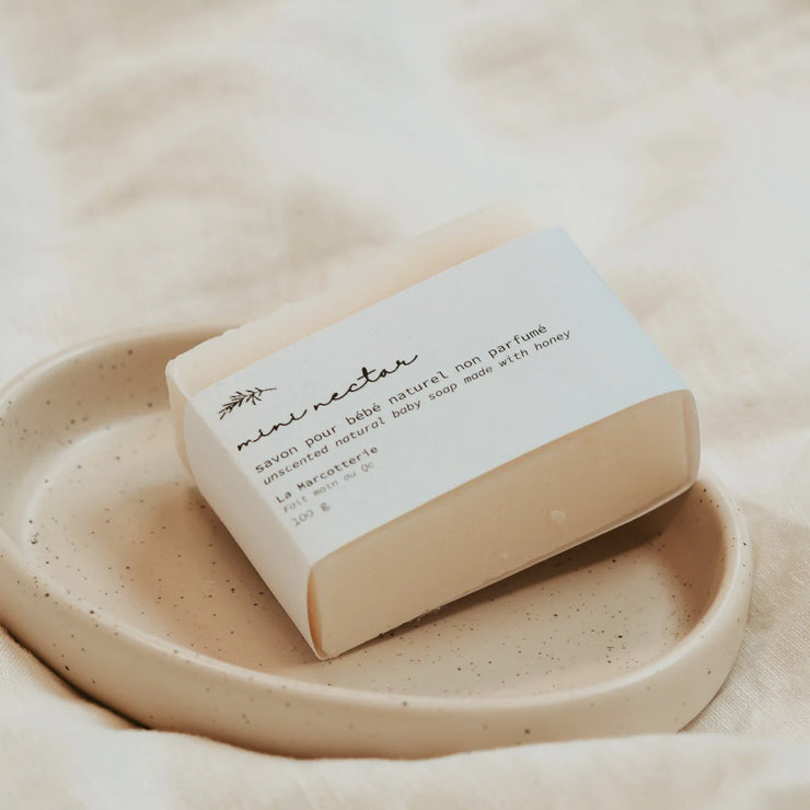 Mini Nectar Unscented baby soap. Natural handcrafted soaps from La Marcotterie in Gatineau, Quebec. French inspired minimalist skincare made with all natural ingredients.  Each bar of soap contains moisturizing plant butters and oils, essential oils and botanical extracts.