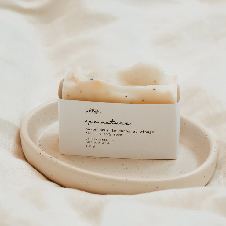 Nature Spa soap bar. Eucalyptus, peppermint and tea tree. Natural handcrafted soaps from La Marcotterie in Gatineau, Quebec. French inspired minimalist skincare made with all natural ingredients.  Each bar of soap contains moisturizing plant butters and oils, essential oils and botanical extracts.