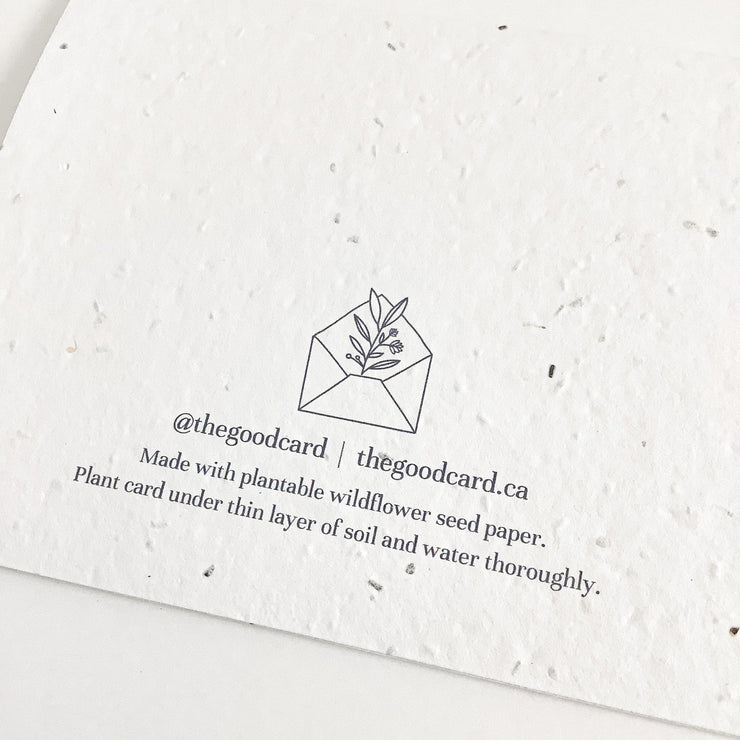 Plantable seed paper cards are made from bio-degradable, post-consumer waste meaning no new trees are harmed. Each card is full of a blend of 6 different wildflower seeds, that are all tested for purity, non-GMO, and non-invasive. All cards are printed with non-toxic ink, and are left blank inside for your message.