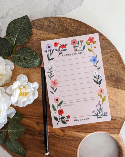 All the spring feels with this wildflower notepad from Mimi & August in Montreal, Canada. A pretty floral notepad with pale pink sheets can be used for your to-do list, grocery list, memos and more. Printed on recycled paper in Montreal, Canada.
