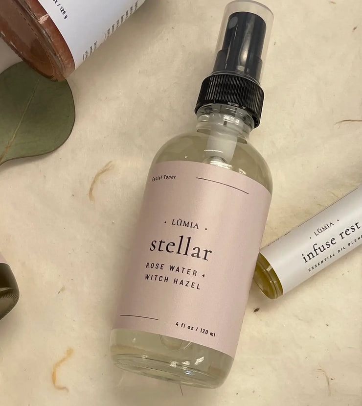 Handcrafted, natural Stellar witch hazel & rose water facial toner from LÜMIA BOTANICALS on Vancouver, Island, Canada. Cooling Witch Hazel combined with hydrating Aloe Vera & Rose Water to revitalize & tone, leaving your skin feeling calm & radiant. Alcohol & essential oil free. Small amount of raw Apple Cider Vinegar is blended in this toner for tightening & balancing skin.