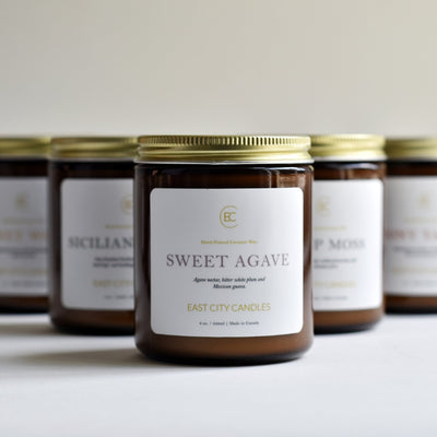 Sweet Agave coconut & soy wax candle. Hand poured eco-friendly soy wax candles from East City Candles in the Kawartha Lakes. Fruity + Fresh  A fruit-filled, yet subtle aroma of agave nectar, bitter white plum and Mexican Guava. This scent makes you think of summer sangria and sunny days!