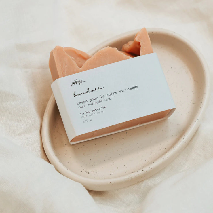 Boudoir natural soap bar from La Marcotterie in Quebec. French red clay, hibiscus flowers, lavender, bergamot and geranium. French inspired minimalist skincare made with all natural ingredients.  Each bar of soap contains moisturizing plant butters and oils, essential oils and botanical extracts.